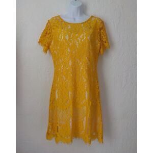 MSLG Yellow Floral Lace Dress Women Large ALine Knee Length Zip Up Lined V Back